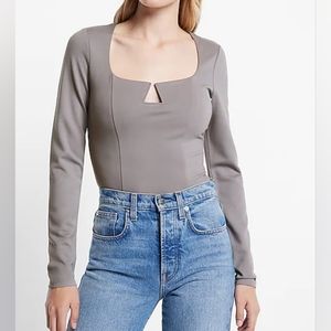 Express Fitted V-Wire Ponte Long Sleeve Thong Bodysuit